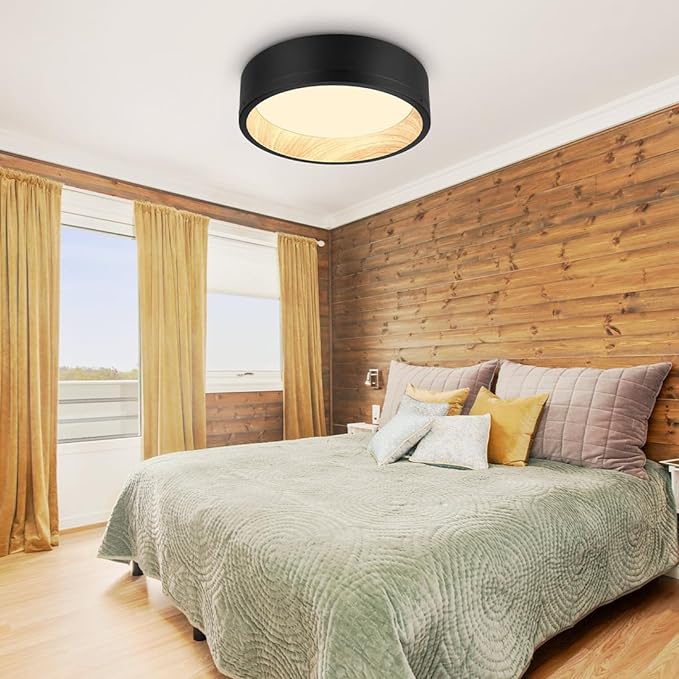 DAKASON 2Pack Black Ceiling Light Flush Mount, Modern LED Ceiling Light Fixture Dimmable with Metal Frame and Wood Painting, 12.5’’ 25W 3/4/5000K CCT Selectable for Kitchen Hallway Dining Living Room
