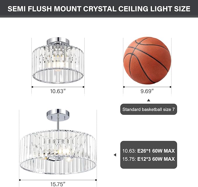 Crystal Chrome Semi Flush Mount Ceiling Light Modern Hallway Light Fixture Metal Close to Lamp for Kitchen Living Room Bathroom Entryway Bedroom(15.75 inch)