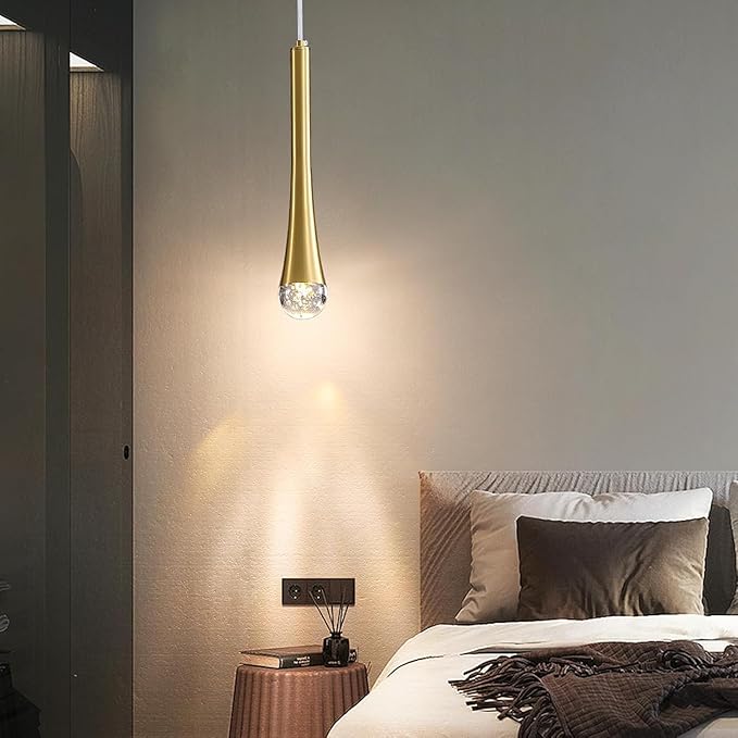 2 Pack Modern Gold LED Pendant Light, Kitchen Island Ceiling Hanging Lights, Teardrop Bubble Crystal, 3 Color 2700K/4500K/6500K, Bedside Small Chandelier Lamps for Bar, Dining Room, Hallway, Foyer