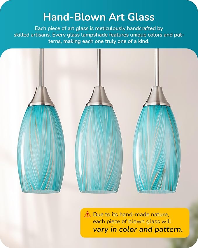 EDISHINE Pendant Lights Kitchen Island, Blue Handcrafted Art Glass, Blown Glass Pendant with 5.12” Dia x 11.40” H Shade, Teal with Gold, Adjustable Brushed Nickel Rods, Hardwired Over Island Bar, E26