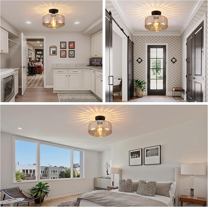 Glass Semi Flush Mount Ceiling Light, Modern Close to Ceiling Light Fixtures with Amber Glass Shade, 11" Round Light Fixtures Ceiling Mount for Bathroom Dining Room Bedroom Living Room Hallway, E26