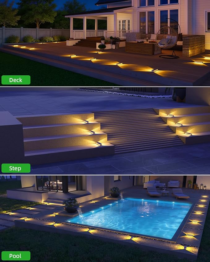 DetarZinLED Solar Step Lights for Outside 4 Pack, 12 LEDs 2-Sided Illumination Solar Stair Lights Outdoor IP68 Waterproof,Auto On/Off Deck Lights Solar Powered for Patio,Yard,Path,Walkway (Warm White)