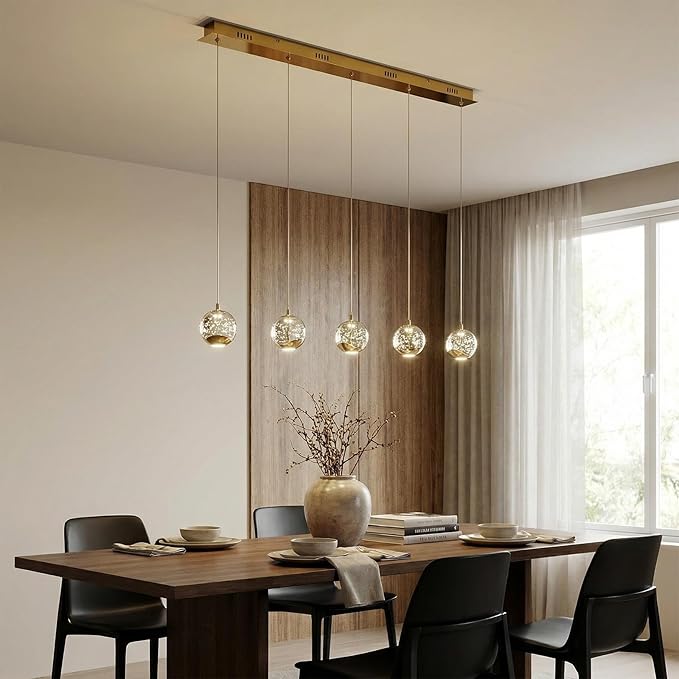 37.8" LED Linear Pendant Light Fixtures, 5-Light Gold Linear Chandelier with Bubble Glass Globes, LED 3000K Warm White, Modern Island Lights for Kitchen Living Room Ceiling Hanging, Hardwired