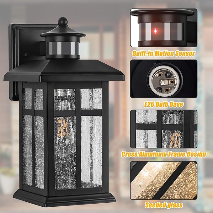 Brilvibera Outdoor Wall Light Motion Sensor - Updated Dusk to Dawn Outdoor Lighting, Exterior Light Fixture, Black Porch Lights & Outdoor Light for House Garage Entryway