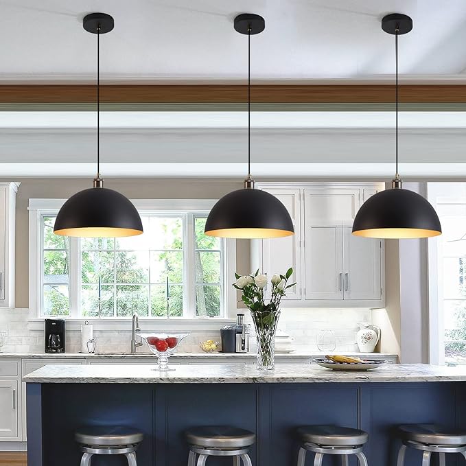 Vintage black and gold Pendant Light 13.7'' Retro Farmhouse Dome Pendant Lamp Modern Industrial Chandelier for Wire length 78.74'' Kitchen Island, Bedroom, Dining Room, Living Room, Hallway