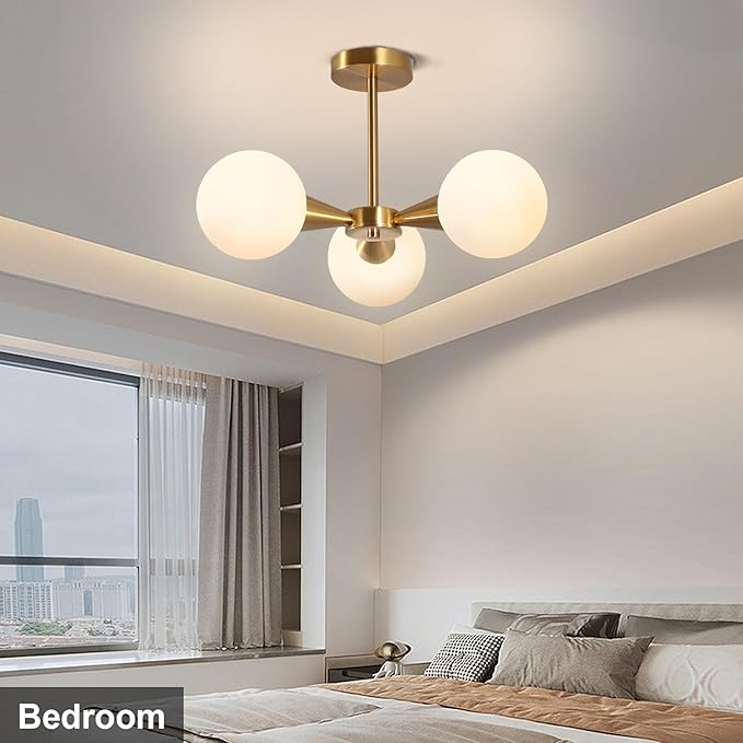 Betkas 3-Lights Semi Flush Mount Ceiling Light Fixture Brushed Gold Light Fixture Straight Bar Modeling with Milk Glass Globe for Bedroom,Living Room, Dinning Room Foyer Hallway