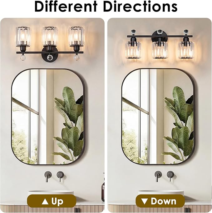 Modern 3 Light Crystal Vanity Light,Black Vertical Bathroom Light Fixture Over Mirror for Dressing Table Sink,Crystal Bathroom Light Fixtures,Compatible with Dimmable Bulbs (Bulbs Not Include)