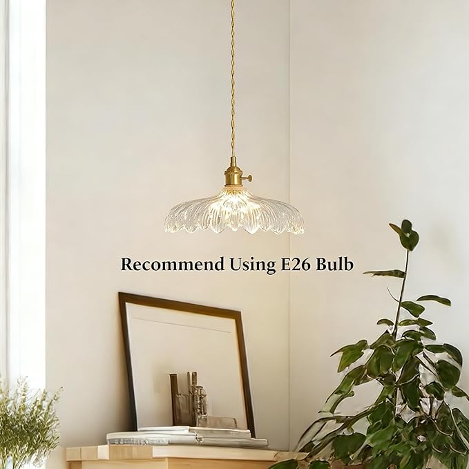 Pendant Lights, 11.8 Inch Hanging Lamp Adjustable 6.5Ft Cord Hanging Lamp Clear Flower Glass Shade Pendant Light Fixture Hanging Pendant Lights for Bedroom