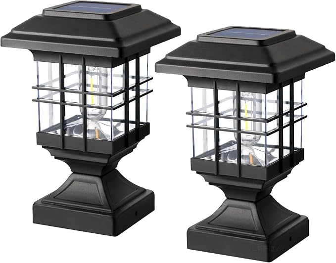 Solar Post Lights Outdoor Solar Cap Lights Deck Fence Cap for 4x4 5x5 6x6 Posts Patio Garden Courtyard Decoration Fixture Waterproof Warm White Lighting Black (2)