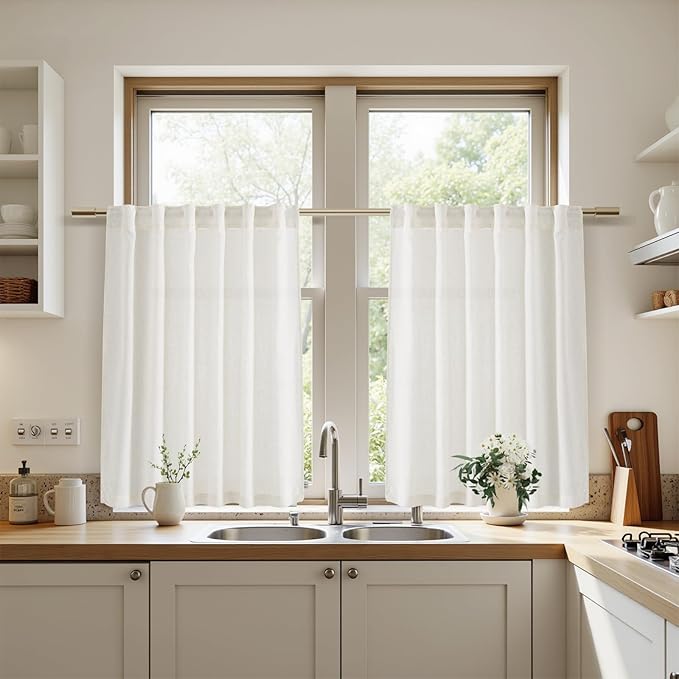 Nanspring 36 Inch Small Curtains for Kitchen Windows Over Sink Linen Blend Semi Sheer Short Linen Curtains Back Tab Rod Pocket Privacy Bistro Curtain Small Window for Cafe 2 Panels 30 X 36 Inch