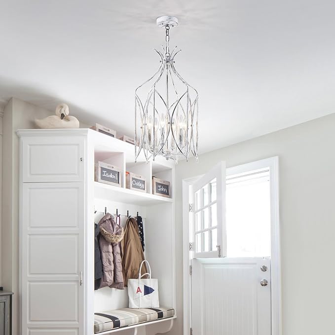 WUZUPS Lantern Pendant Chandelier Rustic Metal Cage Light Modern Lighting Fixture for Kitchen Diningroom Bathroom Livingroom, H 25.4" x W 14.2", E12 Base, Anqitue Whiute