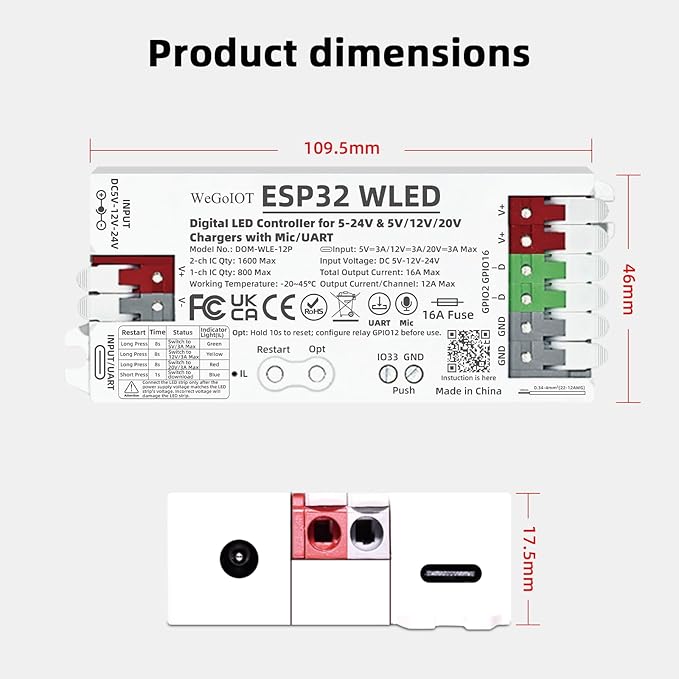 ESP32 WLED Controller with 16A Fuse for 5V-24V LED Strip Dynamic RGB IC DIY Port WiFi App Control Easy Wiring FCOB Addressable Strip Light (DOM-WLE-12P with Mic/UART)
