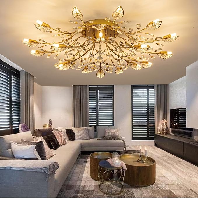 Modern Crystal Ceiling Light Fixture,Gold Semi Flush Mount Chandeliers,Crystal Leaf Ceiling Lighting,Pendent Lamp for Dining Room,Living Room,Bedroom
