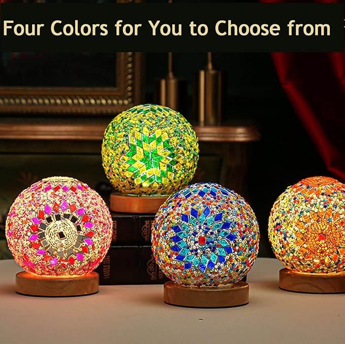 Turkish Table lamp (D:4.7" x H:5.2"),Mosaic Glass Lamps with Wooden Base, Bohemian Tiffany Bedside Lamps, USB Power Moroccan Lantern for Living Room Halloween Decorations (Boho - Orange, Boho)