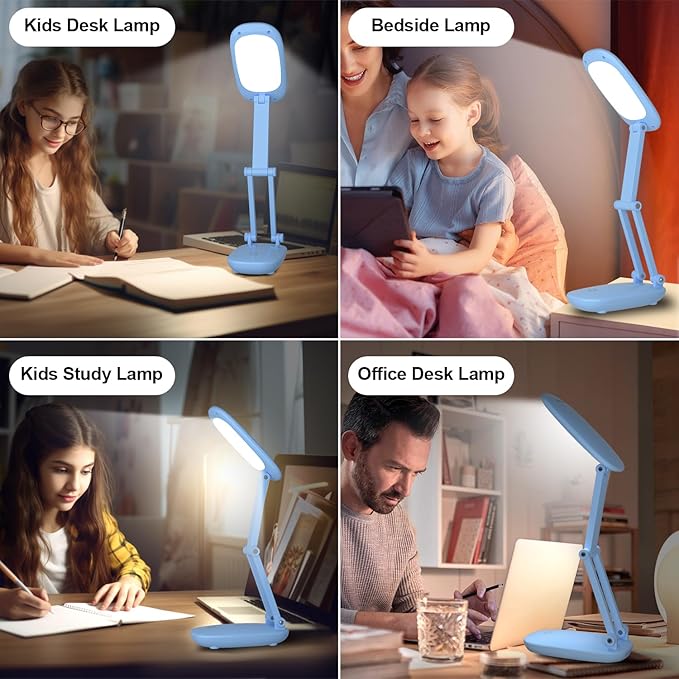 Akejrym LED Desk Lamp for Office & Home, Battery Operated, Foldable & Portable Light, 2-Fold Bracket, 3 Brightness Dimmable, Wireless Reading Lamp (Blue)