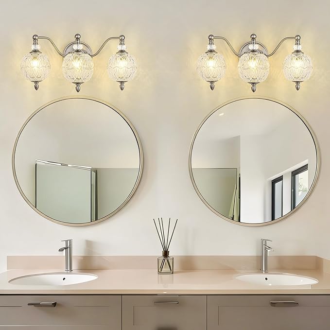Brushed Nickel Bathroom Vanity Light, 3-Light Mid Century Modern Brushed Nickel Finish Wall Sconce with Globe Glass Shades, Modern Mirror Light for Bathroom, Powder Room