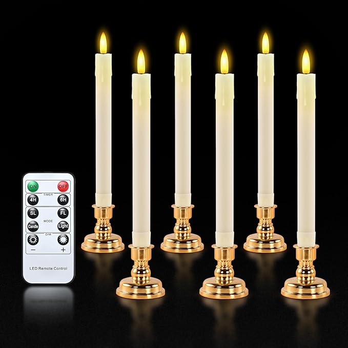 JOSU LED Flameless Taper Candles with Remote Timer, 6 Pcs Ivory Fake Candlesticks Battery Operated 3D Flickering, Realistic Electric Candles Warmer Lamp Light for Wedding Party Home Decor, 0.78"x8.86"
