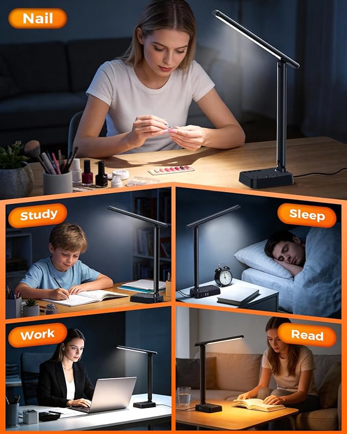 Airlonv LED Desk Lamp for Office Home, Power Strip with 3 Outlets 4 USB Charging Ports(2 USBC), 4 Modes 5 Level Brightness Desk Light, Small Desk Lamp for College Dorm Room Essentials