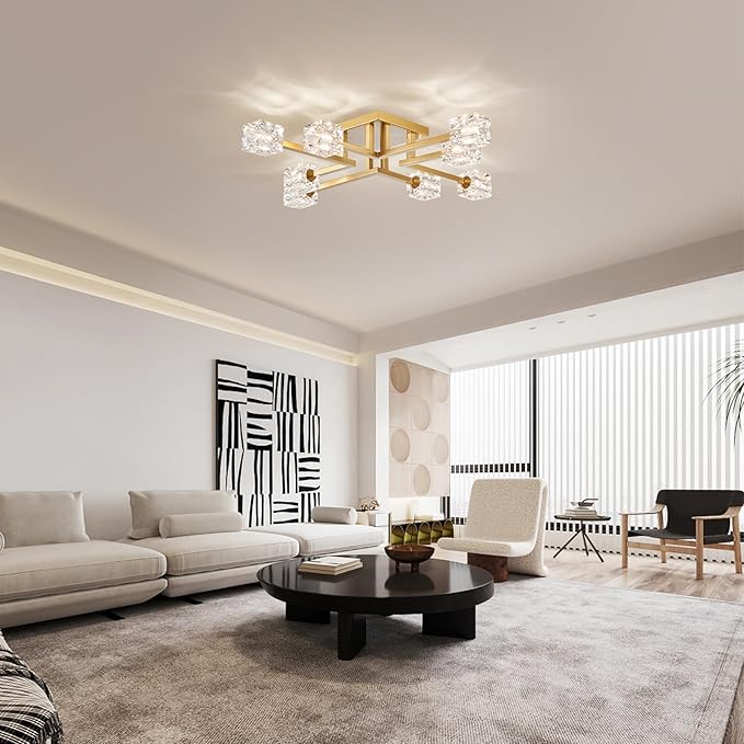 XINGQI Gold Modern Sputnik Chandelier Farmhouse Ceiling 8 Lights Industry Semi Flush Mount Ceiling Light Fixture, Mid Century for Dining Room, Farmhouse Kitchen, Bedroom, Office
