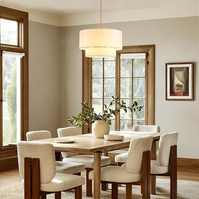 Plug in Pendant Light, 2-Tier Drum Linen Pendant Light with 15ft Hemp Rope Cord, E26 On/Off Switch, 18" Plug in Hanging Chandelier for Dining Room Kitchen, Includes Bulbs