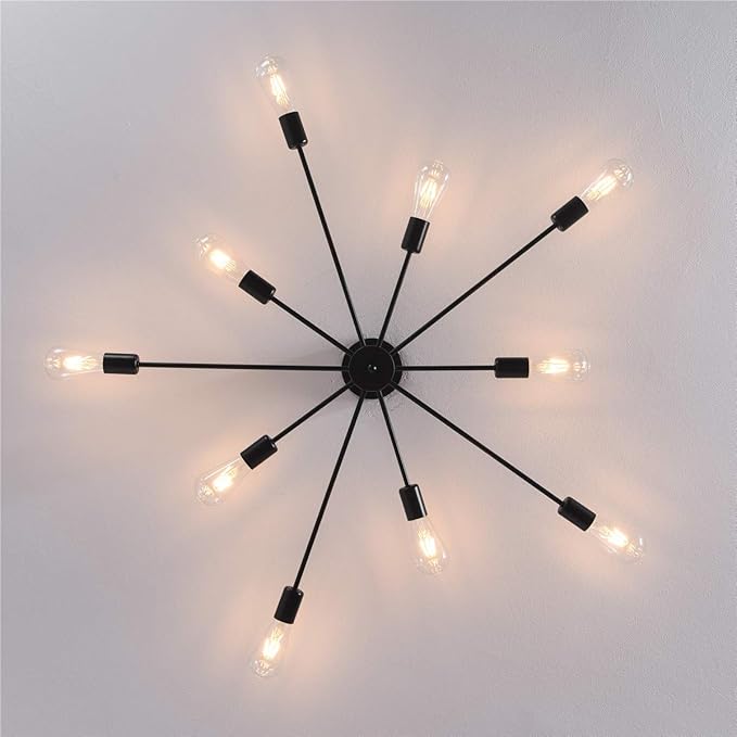 Garwarm Semi Flush Mount Ceiling Light, 10-Light Modern Black Sputnik Chandelier Industrial Ceiling Lamp for Kitchen Dining Room Living Room Bedroom Foyer Lighting Fixture
