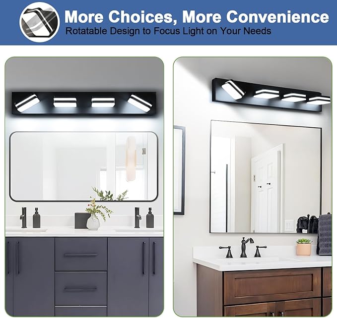 360° Rotate LED Dimmable Bathroom Vanity Light Fixtures, 1600LM Acrylic Matte Black Vanity Lights for Bathroom, Modern Wall Lighting Fixtures Over Mirror Kitchen Living (Natural White Light 5000K)