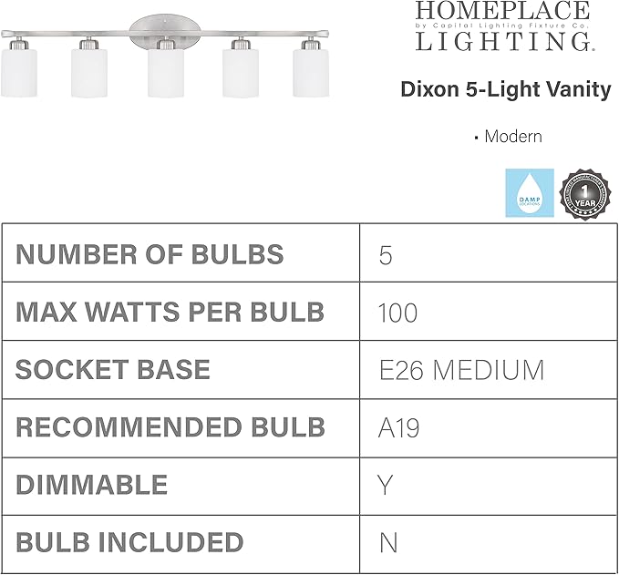 HomePlace Lighting 115251BN-338 Dixon Modern Soft White Glass Bathroom Vanity Wall Light, 5-Light 500 Total Watts, 9" H x 37" W, Brushed Nickel