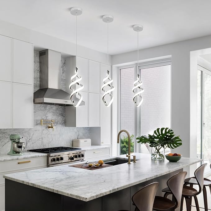 Modern Led Pendant Light Fixture, 15W Chrome Spiral Led Chandelier Hanging Lamp, 4500K Daylight White Pendant Lamp, Adjustable Height Pendant Light for Dining Room Bedroom Kitchen Island Cafe(2 Pack)