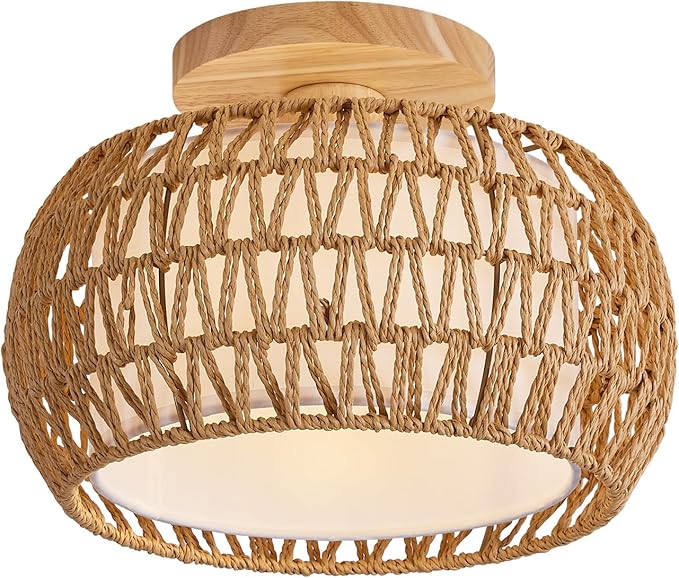 Rattan Ceiling Light Fixture,3 Style Options Boho Flush Mount Ceiling Lights, Hand-Woven Rattan Chandelier,Mini Bohemian Wicker Light Fixtures, Farmhouse Light Fixture for Bedroom Hallway Entryway