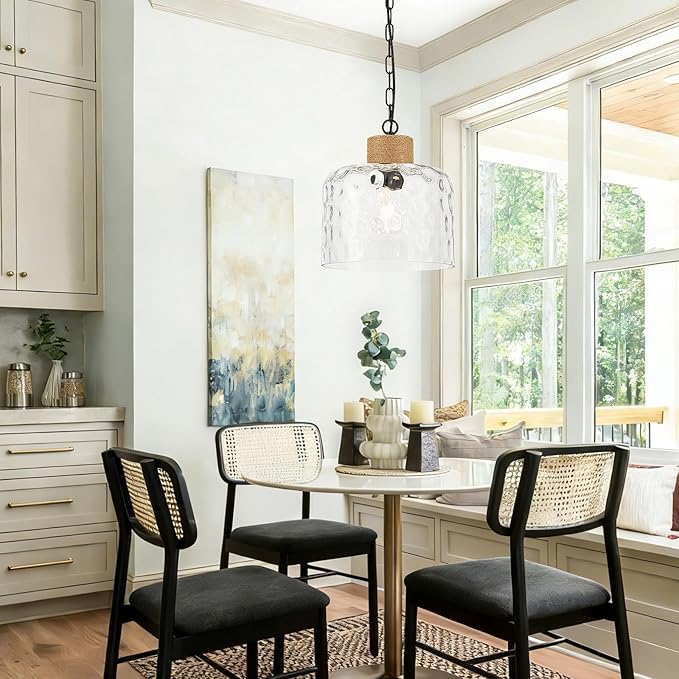 VILUXY Large Hammered Glass Pendant Light Farmhouse Dome Pendant Lighting Hand-Blown Hammered Glass Shade Black Adjustable Ceiling Hanging Light for Kitchen Island Dining Room Hallway, UL Listed