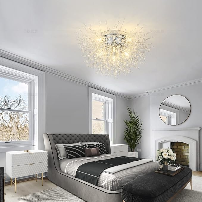 CM MZY Sputnik Flush Mount Ceiling Light Fixtures, Modern Chrome Crystal Firework Chandelier, 8-Light Close to Ceiling Lighting Fixtures for Bedroom Kitchen Hallway Entryway(H11.8'' x W21.5'')