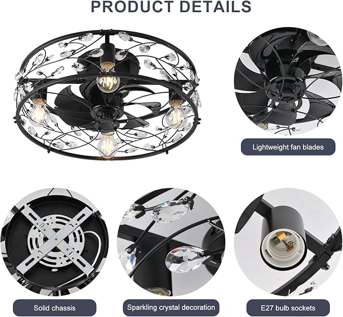 Garwarm 20in Caged Ceiling Fan with Light,Rustic Industrial Ceiling Fans with Lights and Remote,Bladeless Black Fandelier Ceiling Fan,Flush Mount Fan Lights for Kitchen,Bedroom(6 Speed,Timing)
