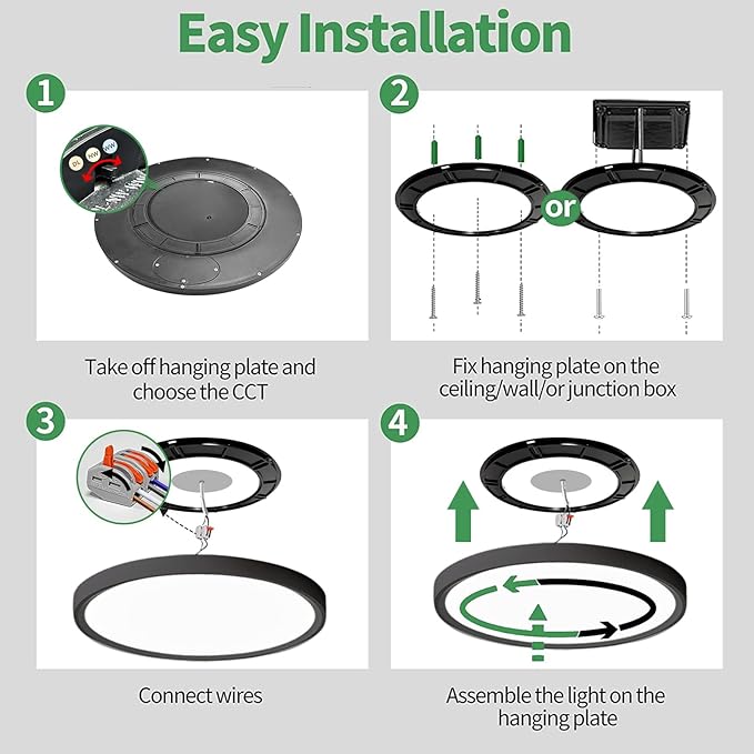 24 Inch Large LED Flush Mount Ceiling Light, 50W,5480LM, 3000K/4000K/6000K CCT Selectable, Black Round Flat Panel Low Profile Ceiling Light Fixtures for Hallway, Kitchen, Bedroom, Laundry Room