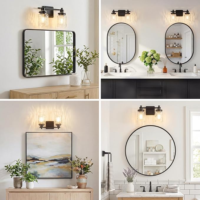 2 Lights Bathroom Light Fixtures Farmhouse Black Vanity Lights for Bathroom Lighting Fixtures Over Mirror with Hammered Glass Lampshade for Cabinet Mirror Bedroom Hallway