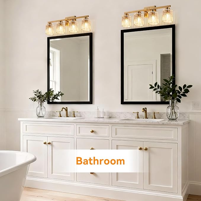 TALOYA 27 Inch Bathroom Light Fixtures,Modern 4-Light Brushed Gold Vanity Lights with Wide Vertical Ribbed Thickened Glass Shade Wall Sconces for Mirror Makeup Room Hallway(Bulbs Not Included)