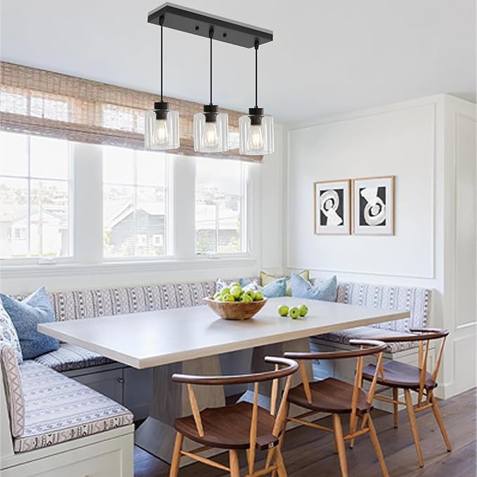 3-Light Pendant Light Fixtures with Clear Glass, Black Hanging Light Fixture for Ceiling, Adjustable Kitchen Island Light for Dinning Room, Bedroom,Hallway, E26 Base, Bulbs Not Included