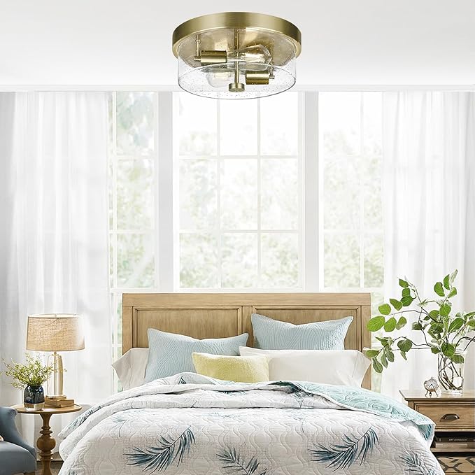 Flush Mount Ceiling Light Fixtures, 2-Light Brass Ceiling Mount for Farmhouse with Seeded Glass Lampshade, Industrial Hall Flush Mount Light Fixture for Hallway, Kitchen, Entryway, Bedroom and Foyer