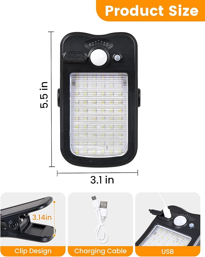 Clip on Solar Lights for Fence, 3 Modes Solar Motion Lights Outdoor Waterproof, 60LEDs 500LM Portable Security Light for Fence, Deck, Garage, Camping, USB Charging, 2 Black