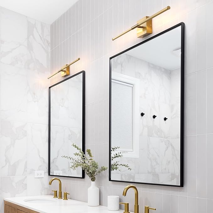 JONATHAN Y 28" Brass Gold Modern Dimmable Integrated LED Wall Sconce, Metal Vanity Light for Bathroom Mirror Bedroom Hallway, Sleek Hardwired Wall Lamp Fixture, 3000K (JYL7022B-SET2)