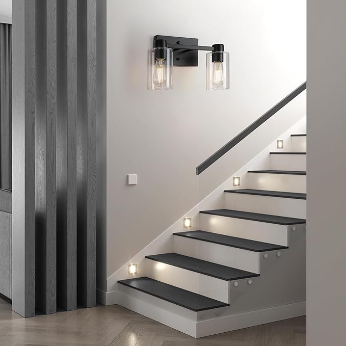 Matte Black Bathroom Light Fixtures,2-Light Bathroom Vanity Light Over Mirror with Clear Glass Shade,Modern Farmhouse Wall Sconces Lighting for Bedroom Cabinet Kitchen Living Room