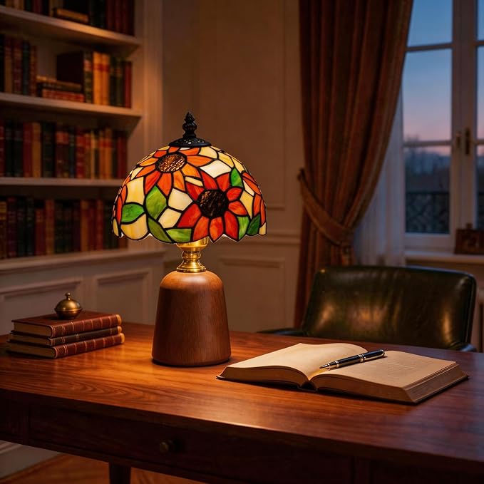 12.2" Tiffany Style Lamp, Handcrafted Stained Glass Sunflower Table Lamp with Solid Wood Base, 3-Color Dimmable Bedside Lamp for Nightstand & Bedroom, Vintage Aesthetic Accent Light
