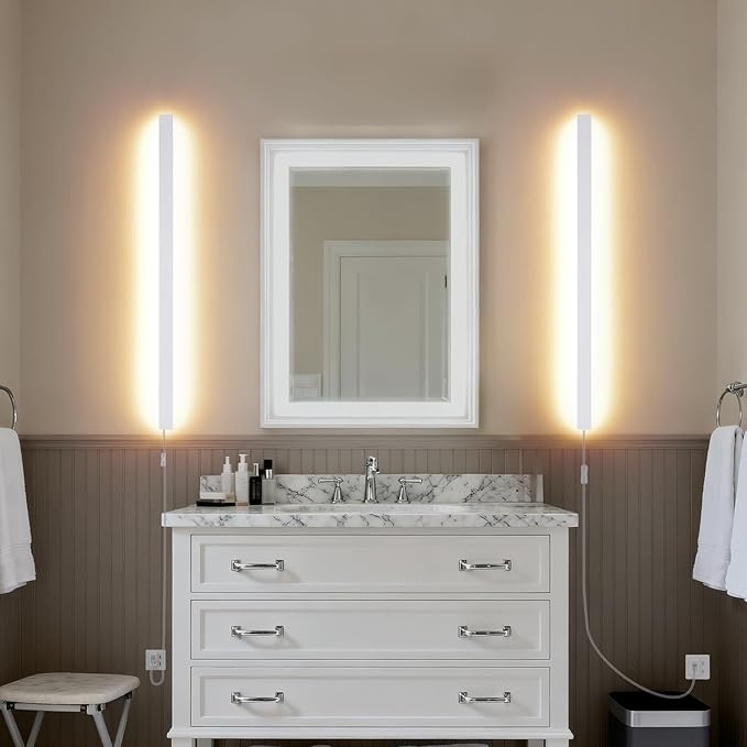 KELUOLY Modern Plug in Long Wall Sconce, 39.3" White Matte LED Wall Lights, 20W Warm White 3000K Acrylic Indoor Wall lamp, with 59" Plug Cable for Bedroom, Living Room, Hallway