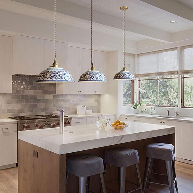 Ceramic Pendant Light, Chinese Blue and White Porcelain Pendant Light fixtures, Bedside Light, Hanging lamp for Kitchen Island Light Fixture, Home Bedroom Dining Room Ceiling Hanging Light 8.7in