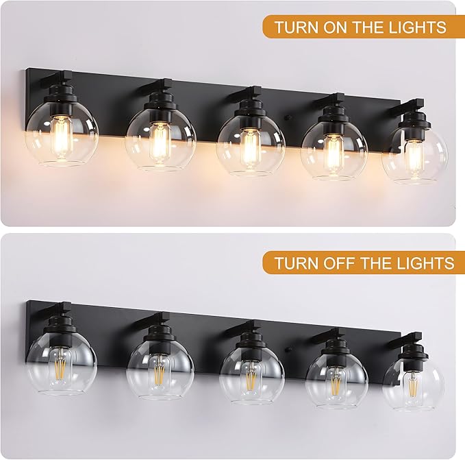 LmnLvn Bathroom Light Fixtures, 5-Light Matte Black Vanity Lights, Modern Bathroom Lighting Fixtures Over Mirror, Farmhouse Vanity Lights with Glass Shade for Living Room, Bedroom, Hallway