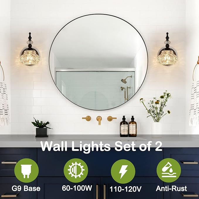 2-Pack Wall Sconces Black Bathroom Vanity Lighting Fixtures Black Wall Light with Glass Shade, Rust-Proof and Durable, Wall Lamp Using G9 Bulbs for Bedroom, Bathroom, Living Room