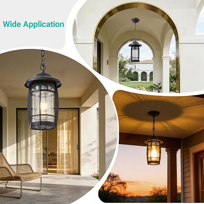 LOUSACE Outdoor Pendant Light - Adjustable Exterior Hanging Light Fixture Matte Black 1-Light Outdoor Chandelier Lantern Waterproof Aluminum with Seeded Glass for Front Porch, Gazebo, Patio, ETL List