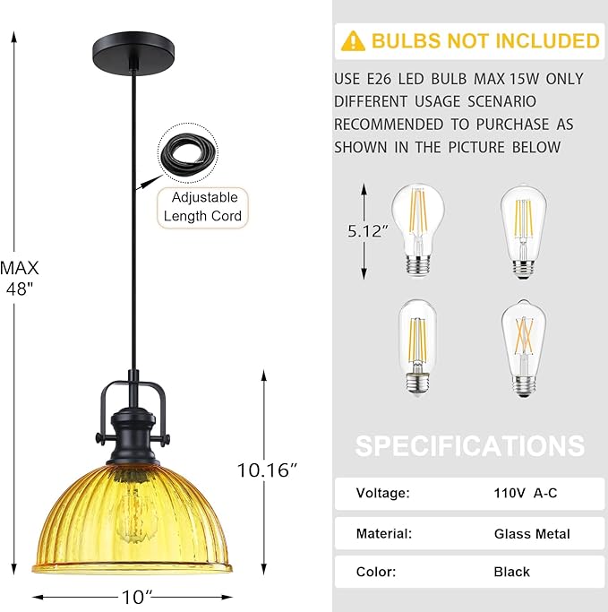 Leading Lighting 1 Light Pendant Light Hanging Modern Farmhouse Indoor Fixture 10" Yellow Textured Glass Black Finish Dinning Over Sink Kitchen Island