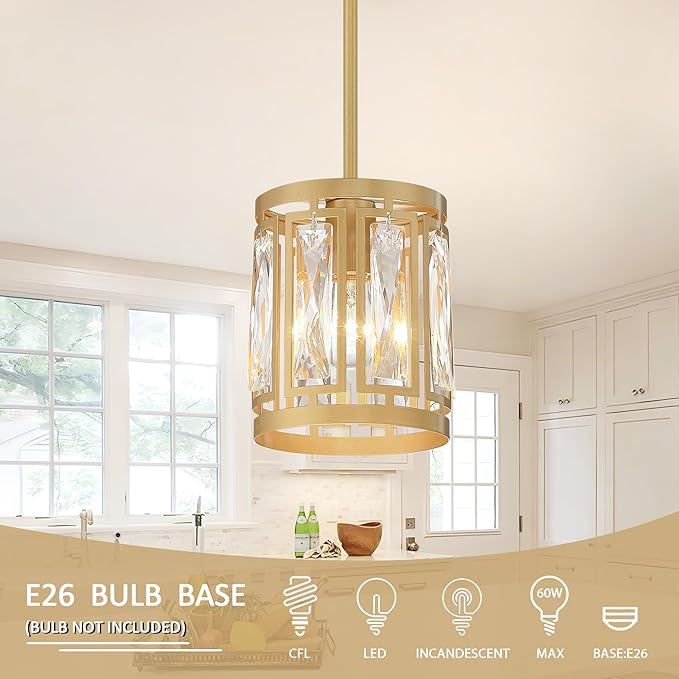 Gold Pendant Lights Kitchen Island, Crystal Pendant Light, Adjustable Hanging Light Fixture for Dining Room, Living Room, Kitchen