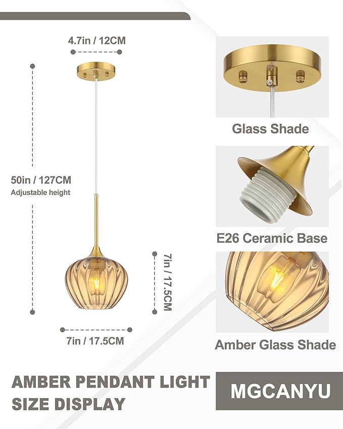 Amber Glass Pendant Lights Kitchen Island, 7" Vintage Adjustable Pendant Lighting Gold Hanging Light Fixtures for Kitchen, Dining Room, Sink, Bathroom