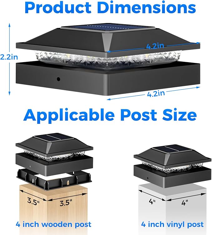 Peasur 4x4 Solar Post Cap Light 10 Pack, 2 Modes 16 LED Fence Deck Post Lights Waterproof, Black Post Lights Solar Powered Outdoor, Fit 4x4, 3.5x3.5 Wood/Vinyl Posts for Porch Fence